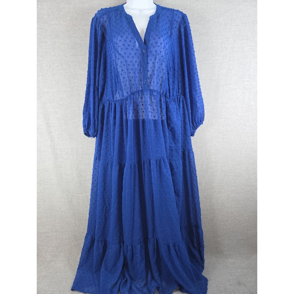 TORRID Maxi 1X Chiffon Clip Dot Dress Tiered Sheer Royal Blue Flowy Peasant Boho